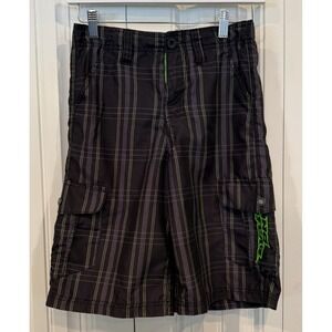 No Fear Y2K Surf Skate Board Shorts Boys Size 12 Black Plaid Swim Trunks Cargo